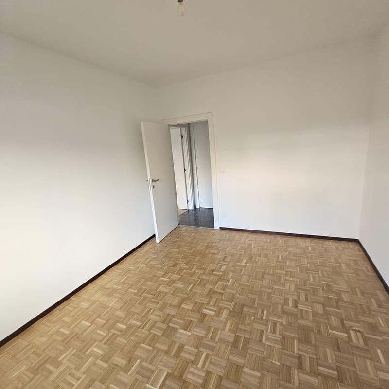 Empty room with white walls and a hardwood parquet floor. The room has a single door leading to another room or area.