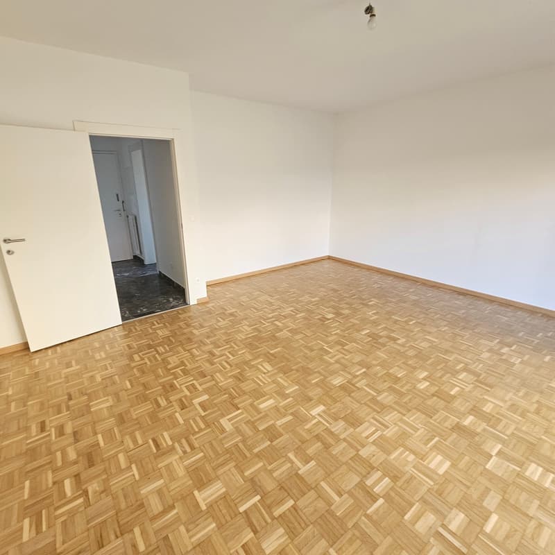 Empty room with white walls and hardwood parquet flooring. The room has a doorway leading to another room.