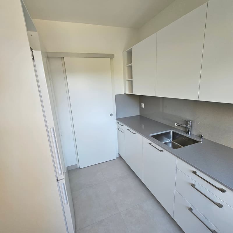 Modern kitchen with white cabinets, grey countertops, stainless steel sink, and a dishwasher