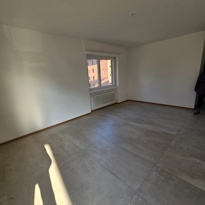 Empty room, white walls, tiled floor, radiator, large window, modern design