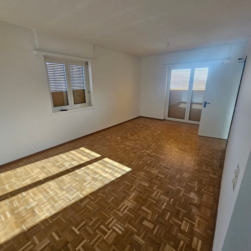 empty room with wooden floor, 2 windows, door, bright sunlight