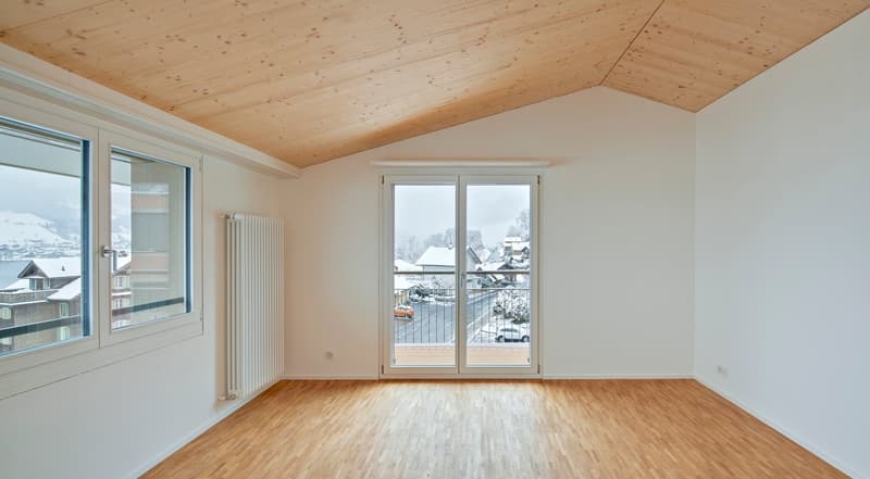 large windows, balcony, wooden floor, white walls, ceiling