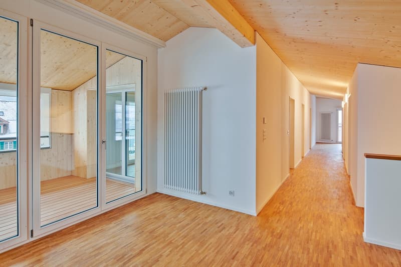 wooden floors, large glass doors, sliding glass doors, ceiling mounted lights, white radiator, balcony view