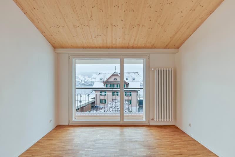 Balcony, large sliding doors, wooden floor, white walls, balcony railing, view