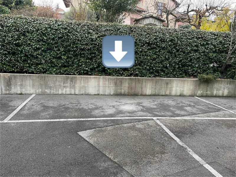 Outdoor parking lot with concrete walls, greenery, and empty parking spaces