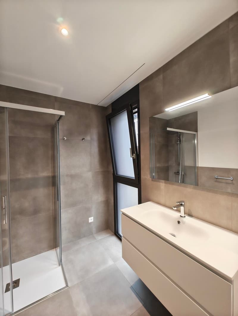 glass walk-in shower, white sink, silver faucet, mirror with light, wall-mounted handrail