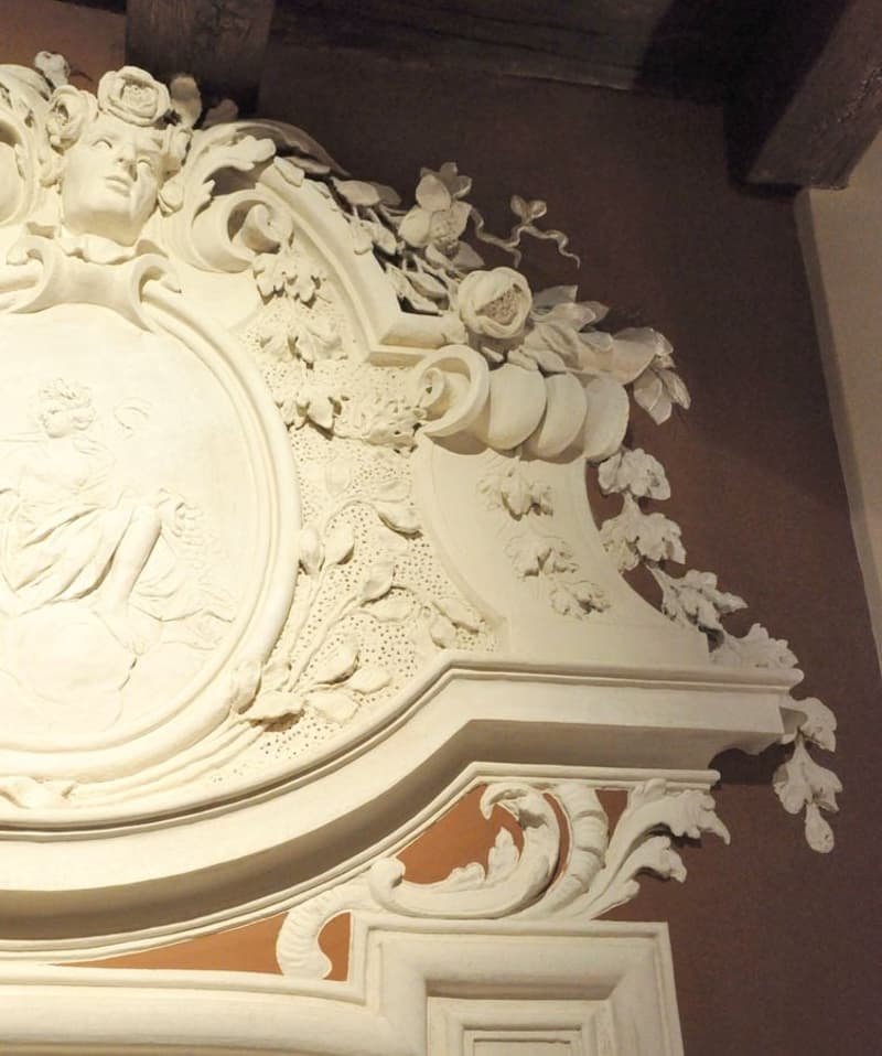 plaster artwork, woman figure, roses, leaves, vintage style