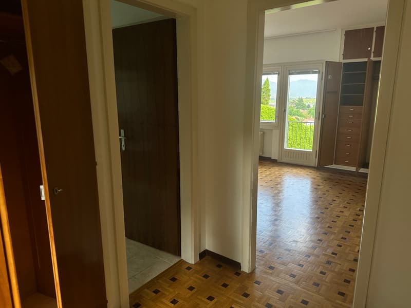 The image shows the interior of an apartment. The room has a dark wooden door, white walls, and a parquet floor. There is a window with a view of the outdoors. The room also contains built-in cabinets or closets.