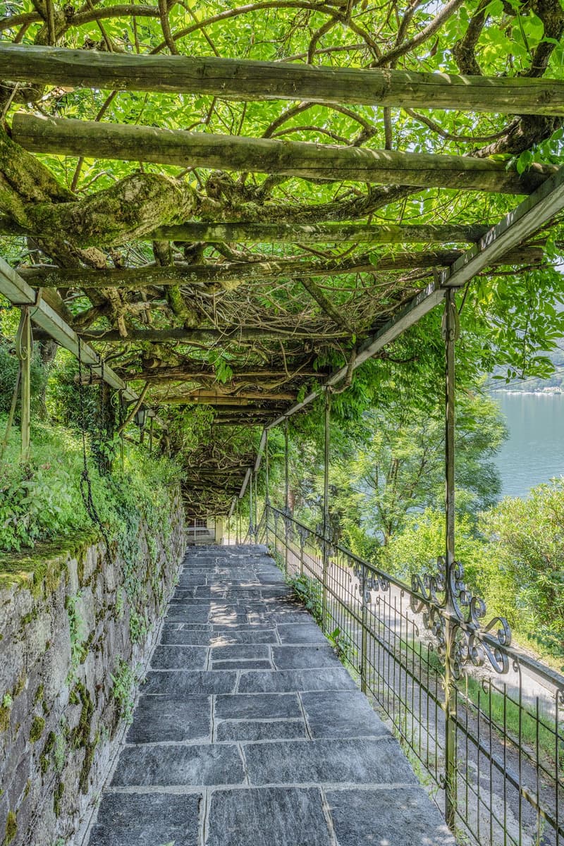 A stone pathway leading through a lush, green, overgrown area with a wooden trellis overhead covered in vines and foliage. The pathway appears to be surrounded by a stone wall and has a metal railing on one side.