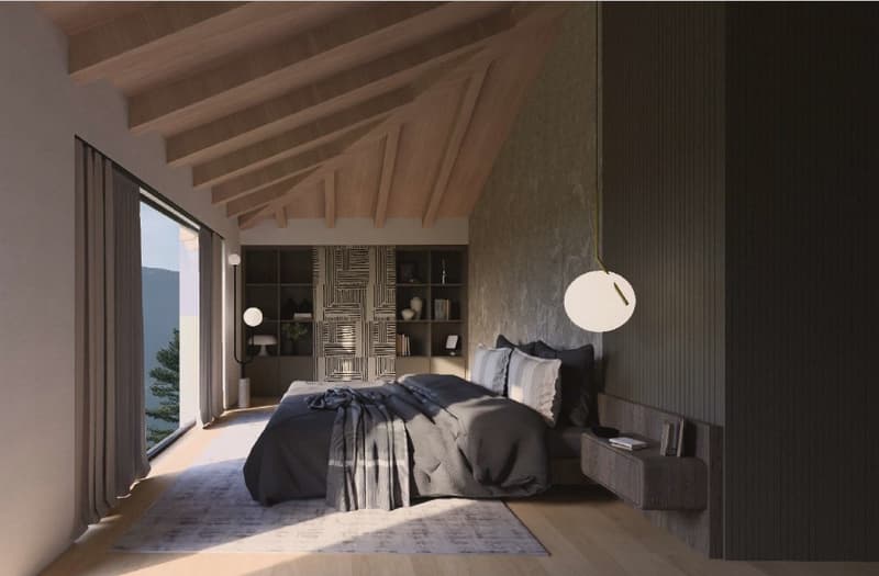 wood ceiling, large window, wooden floor, bed, rug, nightstand, bedside lamp, shelves, decorative objects, pendant lamp