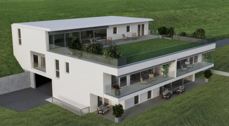 2 story house, white exterior, glass front, multiple balconies, terrace, garden area, elevated ground floor