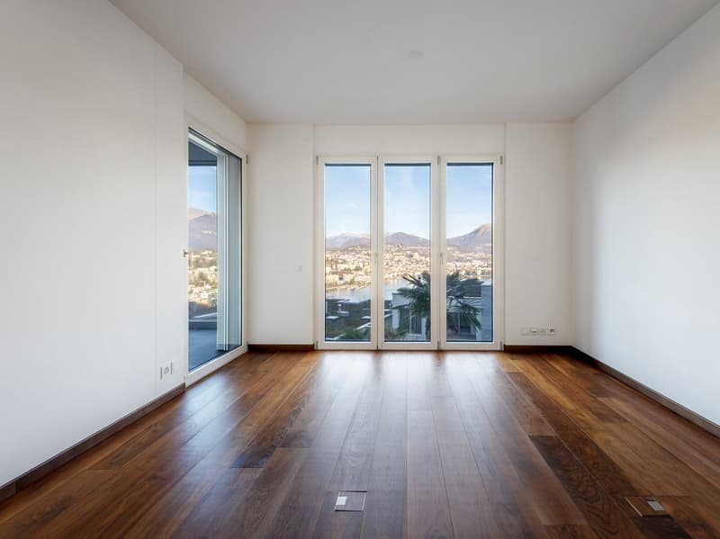 large windows, wooden floor, modern and minimalist