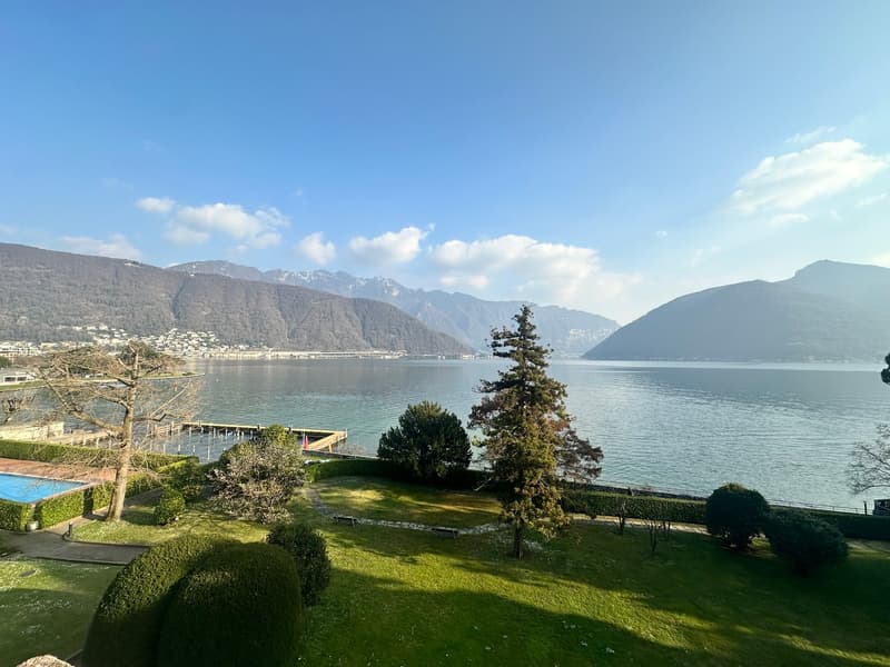 Well-maintained grassy area with various shrubs and trees overlooking a lake and mountains