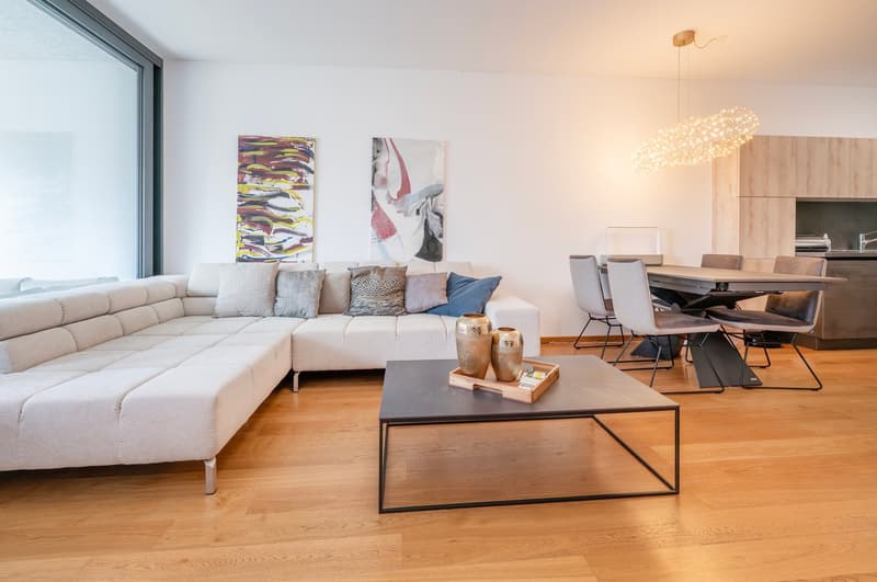 white sofa, 3 way sectional sofa, center table, dining table and chairs, modern chandelier