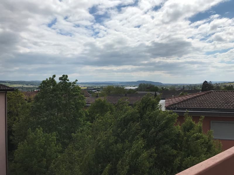 The image shows a scenic view of a residential area surrounded by trees and hills. The sky is partly cloudy, with a mix of blue and gray tones. The rooftops of the houses are visible, along with the lush greenery of the trees and vegetation. The landscape