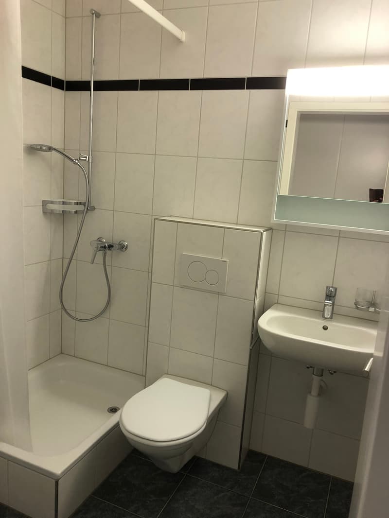 Bathroom with white tiles, black accent tiles, shower stall, toilet, and sink with vanity