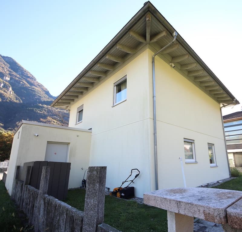 Single-family home, 2 stories, white exterior, small garden with grass, mountain backdrop