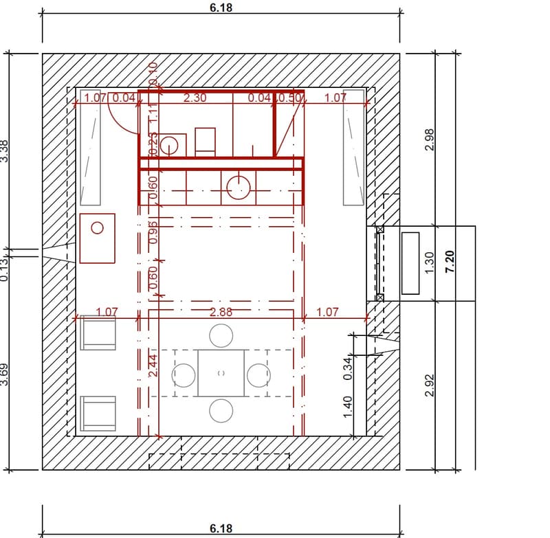 The image shows a floor plan with a living room, kitchen, bathroom, and bedroom. The dimensions of the space are 6.18 meters by 2.98 meters. There is a parking place visible in the plan.