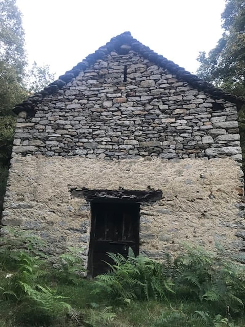 A stone building with a peaked roof, surrounded by trees and vegetation. The building appears to be made of stacked stone blocks and has a wooden door or entrance on the lower level.