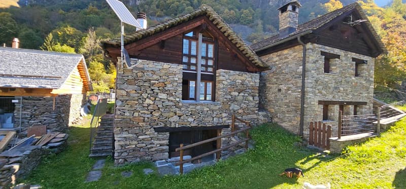 stone house with solar panel, chimneys, wooden door and windows, stairs leading to the entrance