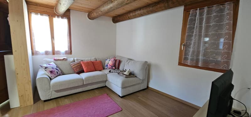 living area with sofa, rug, windows with curtains, flat screen TV