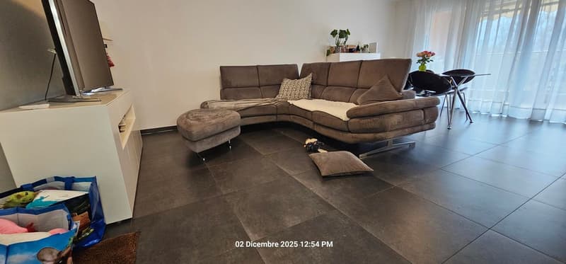 L-shaped sofa with throw pillows, center table, TV, ottoman, carpet, dining table and chairs, vases, shelves, and white curtains