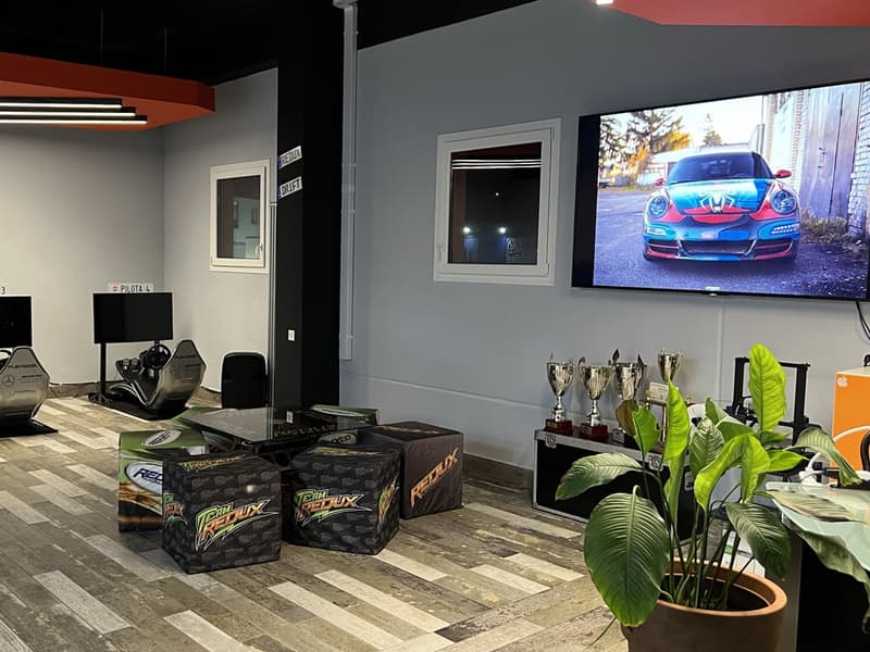 racing simulation room with monitor, trophies, cushions, racing simulator, lamp, plant