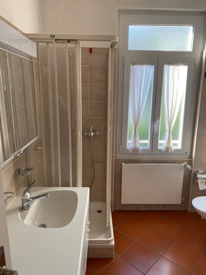 Small bathroom with bathtub, sink, shower, radiator, and toilet.