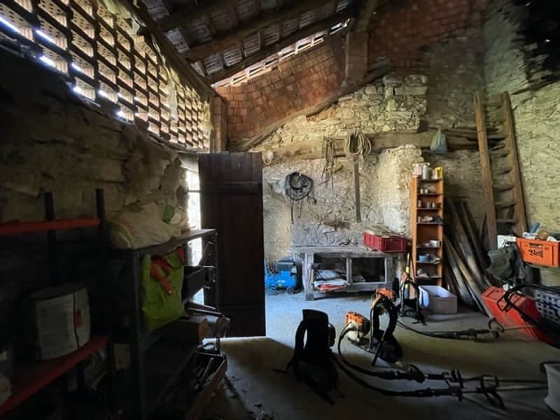 Storage room with a wooden door, wooden shelves, tools, storage boxes, and various equipment