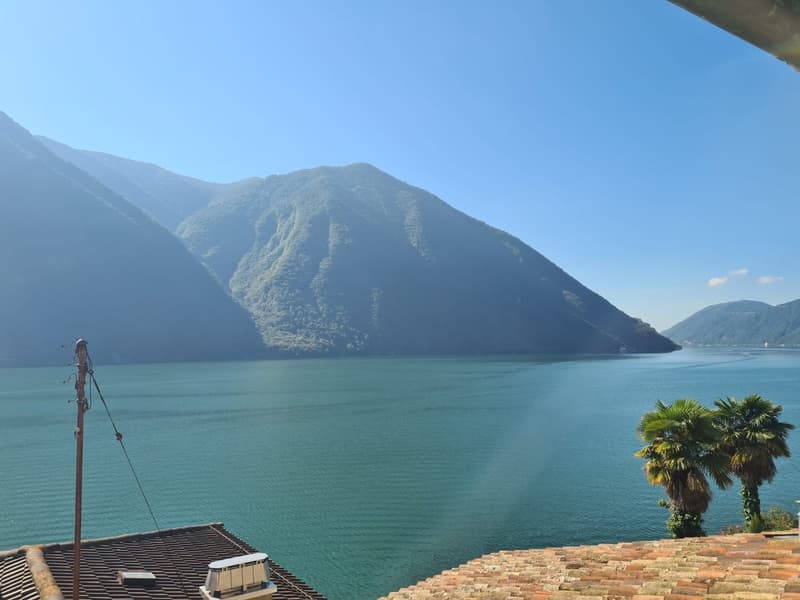 View of a lake with mountains in the background, a roof with a chimney, and two palm trees