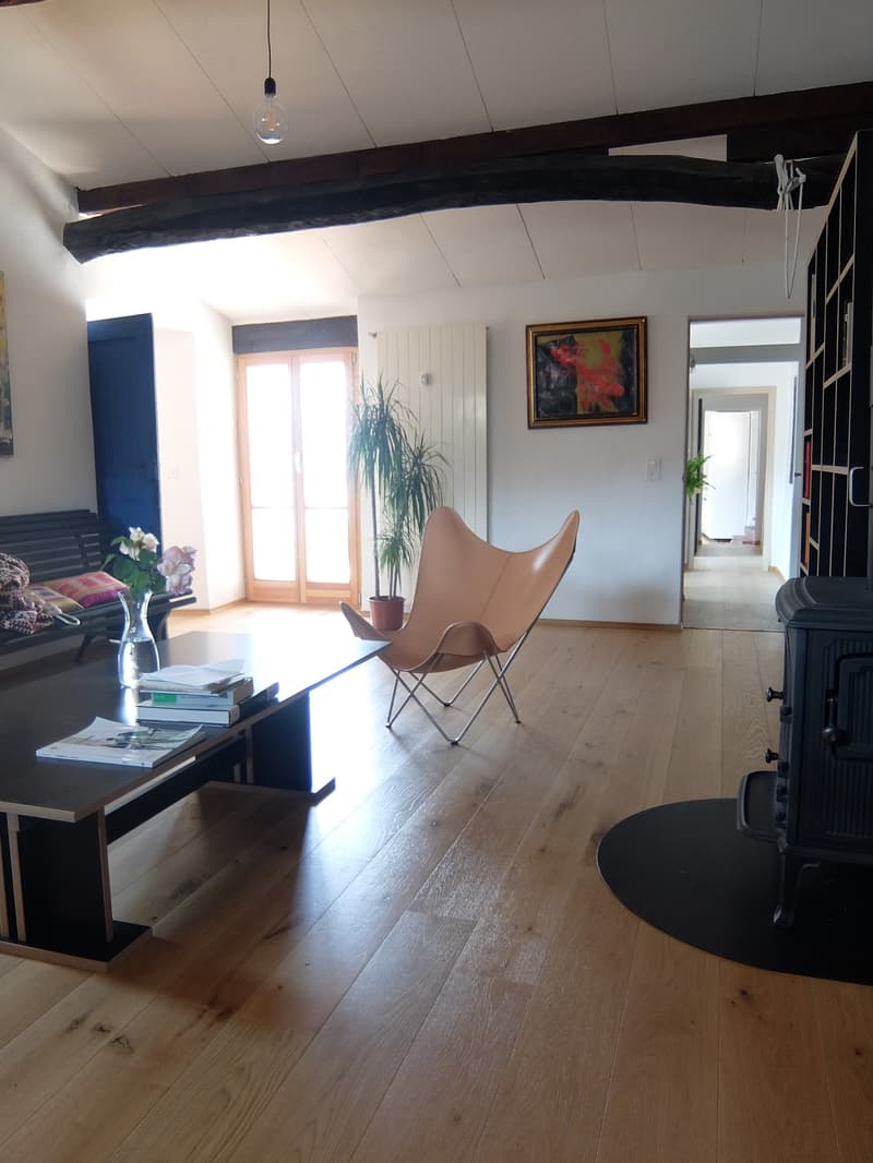 wooden floor, beige chair, coffee table, fireplace, painting, plant, bench, books, flowers