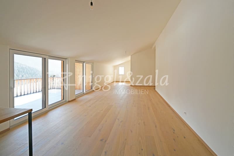 wooden floor, large windows, balcony, wooden table