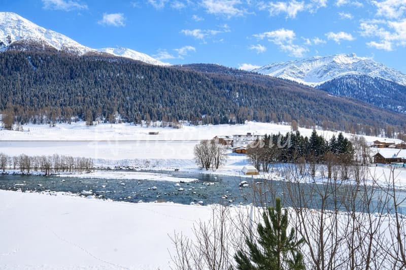 Snowy mountains, river, trees, houses, clear blue sky