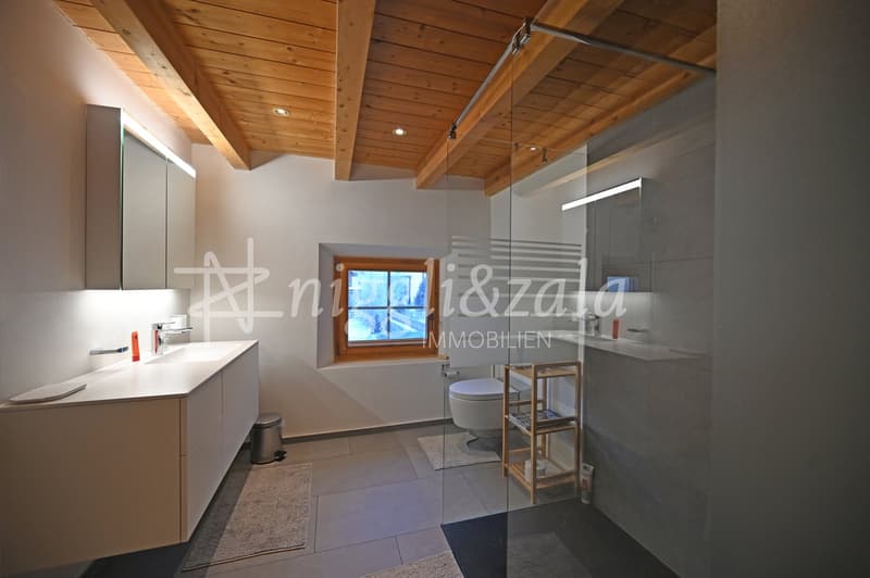 modern bathroom with white tiles, wooden ceiling, glass shower, white sink, mirror, toilet, shelves, rug