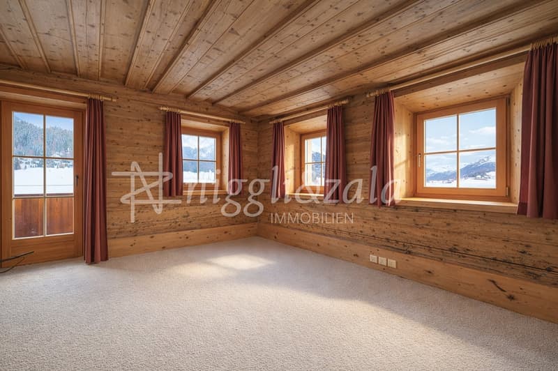 wooden walls, carpeted floor, large windows, wooden door, power outlets