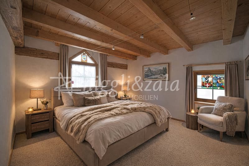 Bedroom with wooden ceiling, bed, nightstands, lamps, chair, stained glass windows, picture frame, carpet