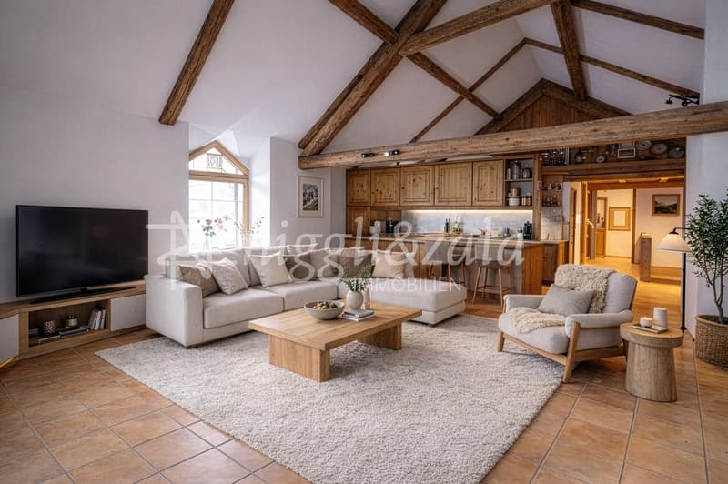 living room with wooden beams, white walls, beige carpet, white sofa, wooden coffee table, armchair, TV, wooden cabinet, wooden floor, kitchen with wooden cabinets, bar stools, open shelves, window, plant