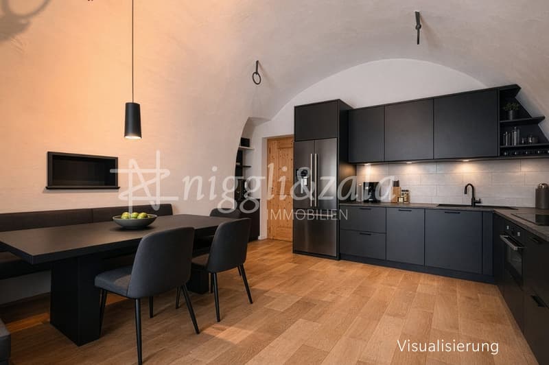 modern kitchen with dining area, black cabinets, wooden floor, stainless steel refrigerator, black dining table, black chairs, hanging lamp, wooden door, TV mounted on wall