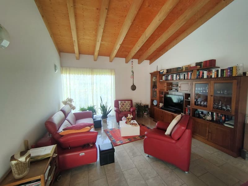 Spacious living room with exposed wooden beams on the ceiling, red leather sofas, a wooden entertainment unit with shelves and a TV, and a tiled floor. The room also features a fireplace and potted plants.
