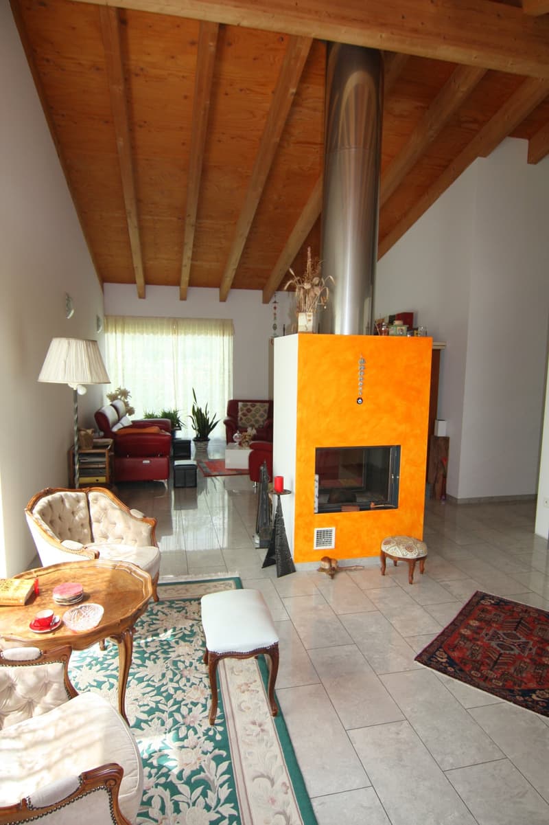 Spacious living room with wooden ceiling beams, large windows, a red sofa, a wooden coffee table, and a vibrant orange fireplace as the focal point. The room also features decorative elements such as potted plants, artwork, and a patterned rug.