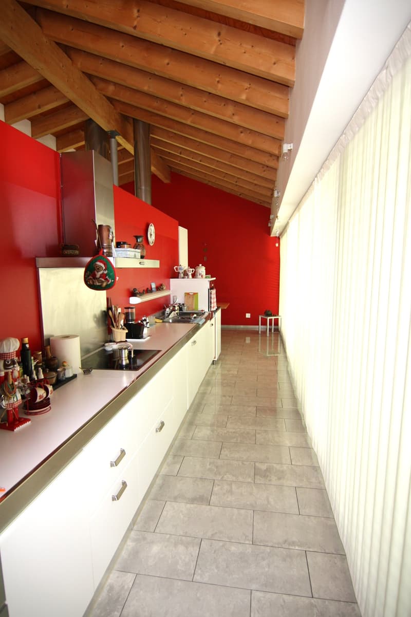 Galley-style kitchen with red walls, wooden ceiling beams, tile flooring, kitchen cabinets and countertops, appliances including a washing machine and dishwasher, and various kitchen items and decor