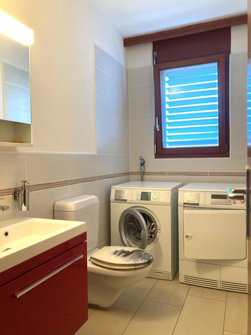 laundry room with washing machine, dryer, toilet, sink, mirror
