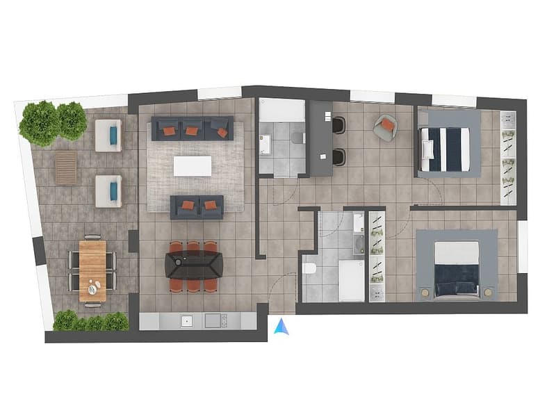 Open plan living/dining room, kitchen, 2 bedrooms, balcony, terrace