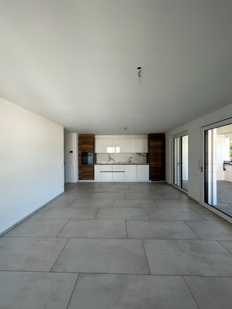 Empty kitchen with open plan to the living room