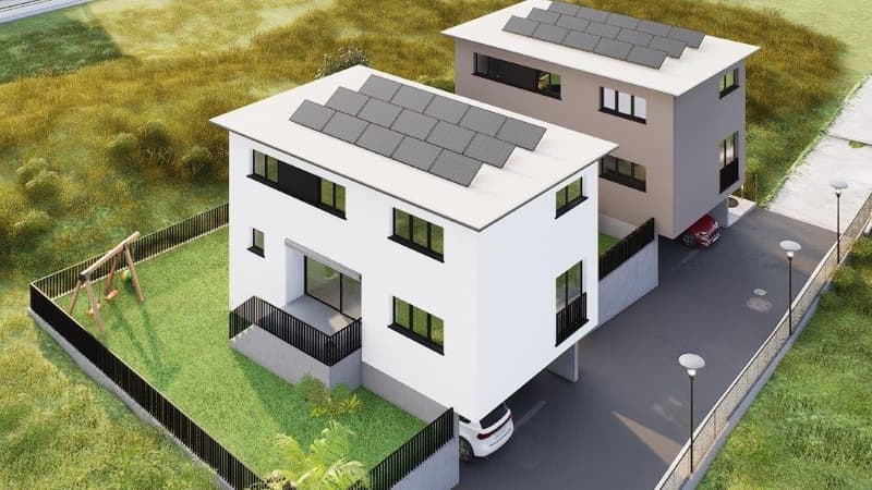 Two story house, white exterior, solar panels, garage, car parked, garden, fence, street lights