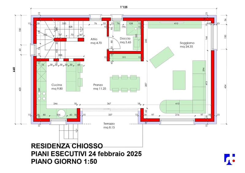 The image shows the floor plan of a residential property. It includes a living room (Soggiorno), kitchen (Cucina), two bedrooms (Doccia and Pranzo), an entrance area (Atrio), and a terrace (Terrazzo). The property also has a parking space.