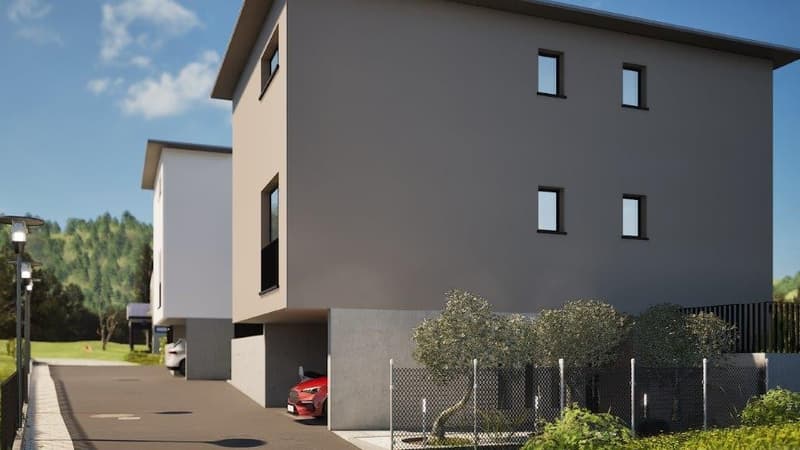 Modern two-story house, gray exterior, underground garage, red car parked, street lights, greenery
