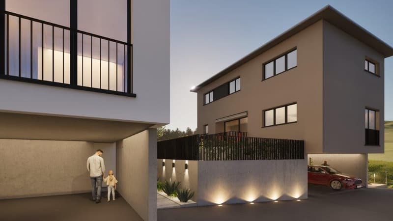 Modern two-story house, beige exterior, black railings, garage, car parked, family walking