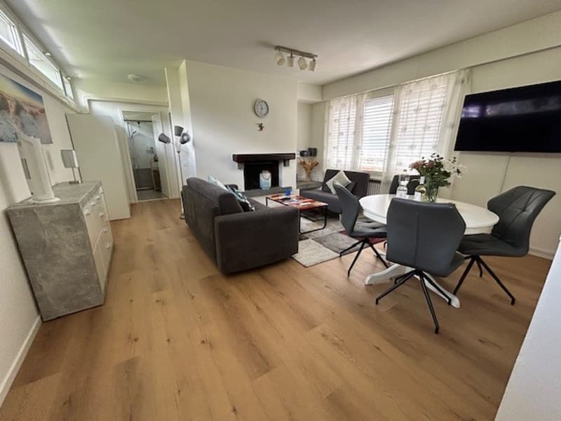 wooden floor, white walls, fireplace, gray couches, white table, flowers in vase, television