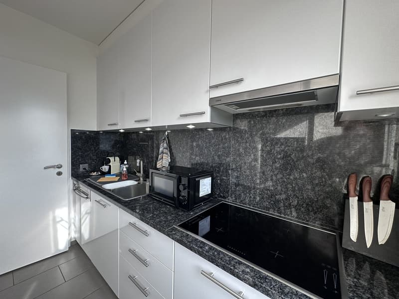 modern kitchen with granite countertops, stainless steel appliances, white cabinets, large kitchen island, induction cooktop, microwave, electric kettle, sink with faucet, and a few kitchen utensils